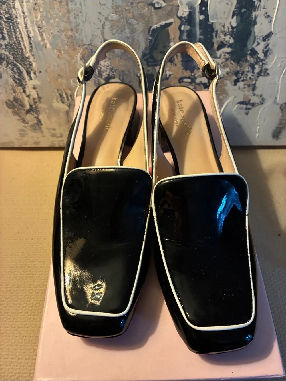EUC !Kate Spade  Black Patent Leather Slingback Sabina Loafers w/ Gold Size 7M